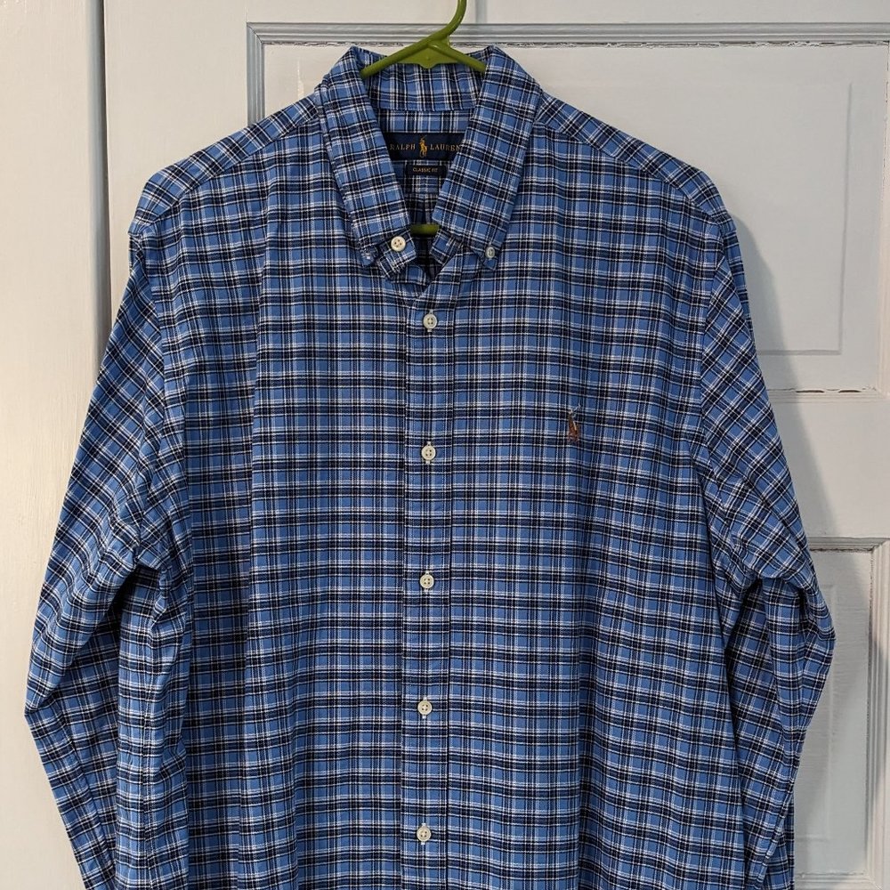 Ralph Lauren Blue Checkered Classic Fit Mens Dress Shirt
